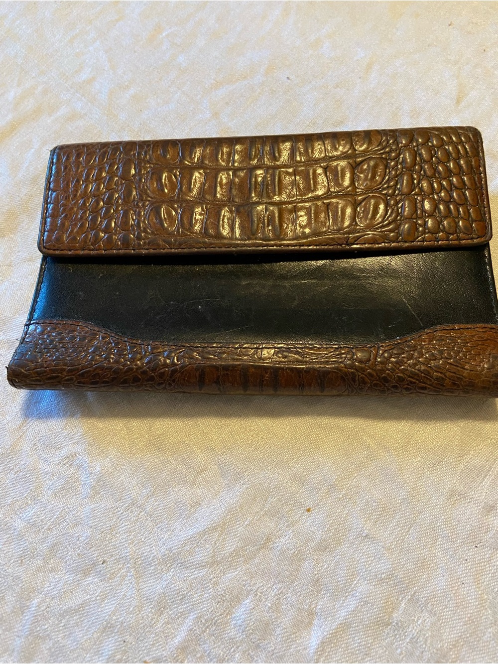 Brahmin Brown Croc-Embossed and Black Leather Wallet w/ checkbook & kisslock